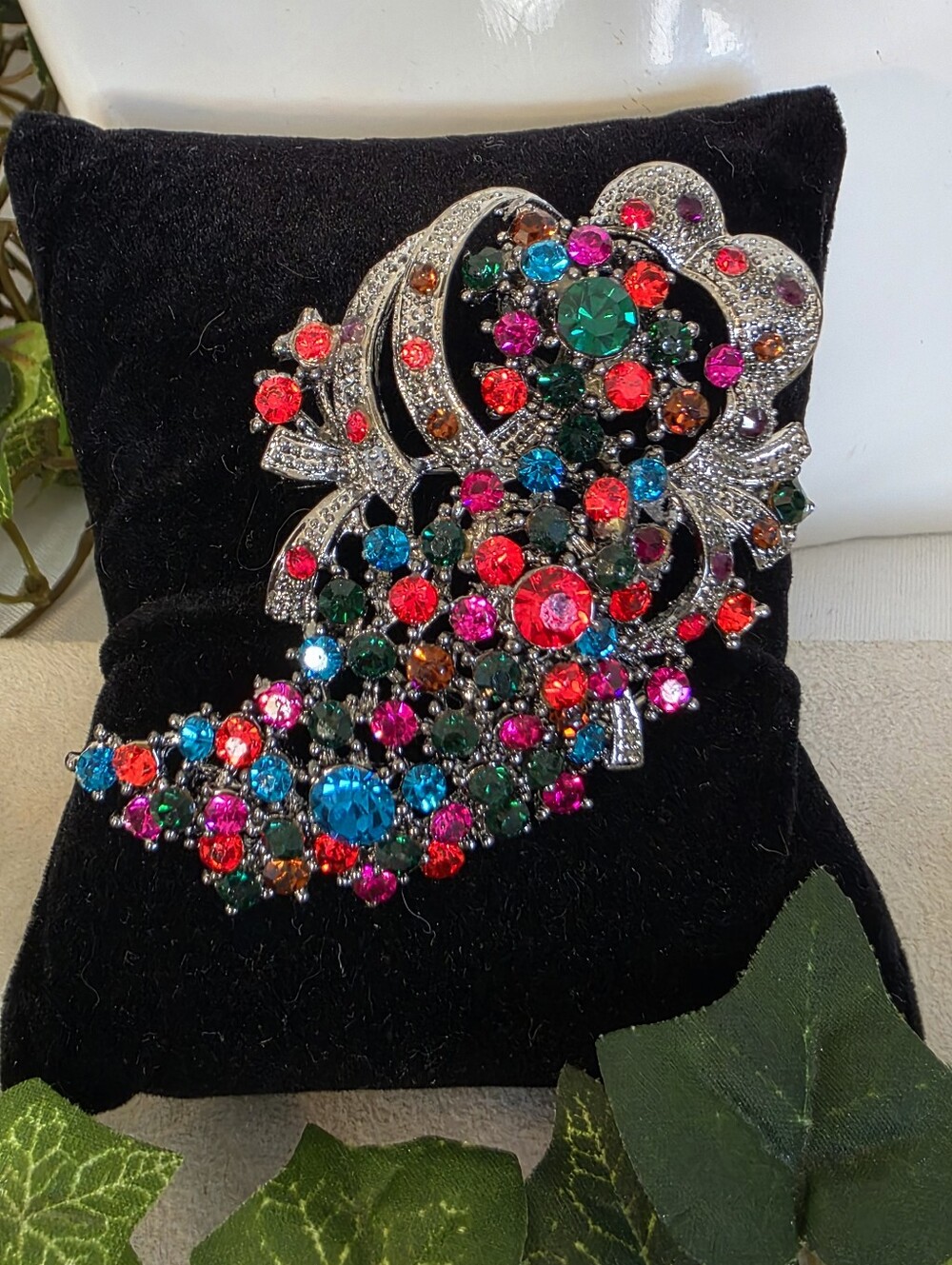 Vintage Multicolor Rhinestone Cornucopia Brooch Convertible Pendant Pin
